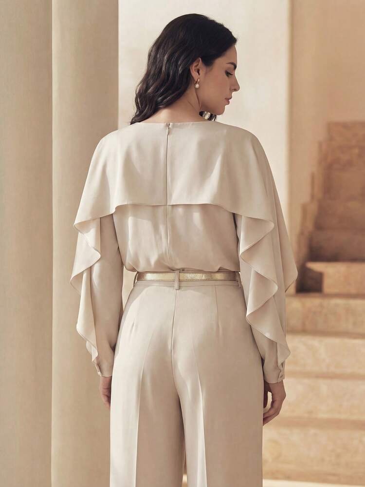 Women's Casual Versatile Ruffle Decor Pullover Blouse, Modern Elegant Minimalist Office Lady Shirt
