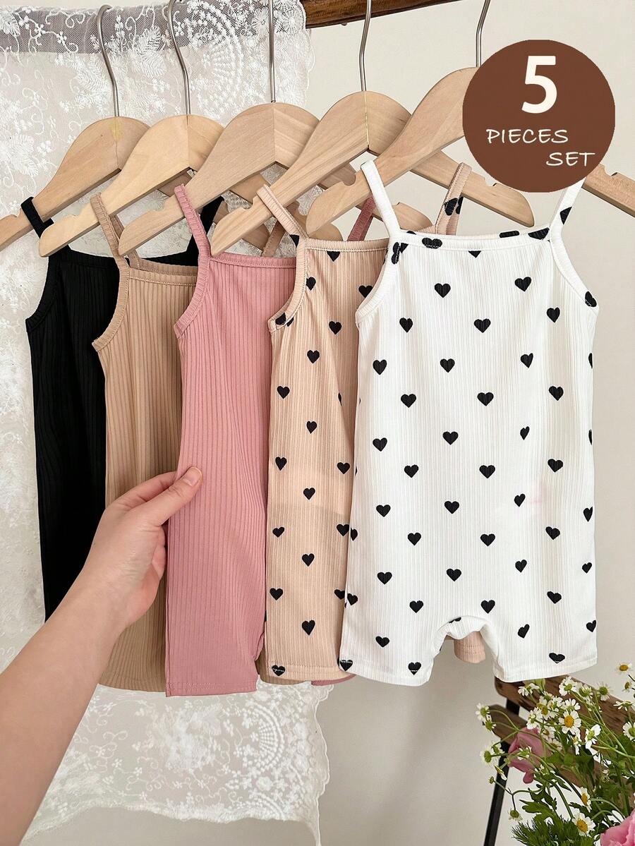 SHEIN LMoss Kids 5pcs Set Jumpsuit Rajut Kasual Motif Hati Warna Polos untuk Bayi Perempuan - MultiWarna - View 1