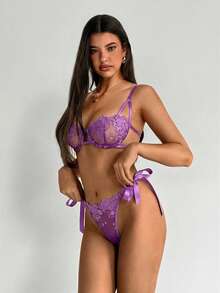 Aloruh Ramadan, Noble, Dignified. 2-Piece Set. Purple Embroidered Lace With Ties. Sexy, Gathered, French-Style Lingerie Set. - Violet Purple - View 7