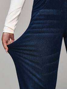 SHEIN PETITE Casual Versatile Black Loose Straight-Leg Jeans For Women, All Season ,Petite Women - Dark Wash - View 7