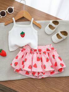 Cozy Pixies Baby Girl Strawberry Pattern Knit Soft Camisole Top And Elastic Waist Skirt 2 Pieces Set Strawberry Skirt Set Toddler Girl Outfit Strawberry Toddler Outfit Baby Skirt Set Strawberry Baby Outfit Strawberry Baby Girl Clothes Toddler Strawberry Clothes Strawberry Outfit For Baby Girl - Multicolor - View 5