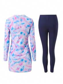 Swim Shayni Tie-Dye Strap Round Neck Long Sleeve Asymmetrical Print Women's Burkini Two Pieces Set - Multicolor - View 6