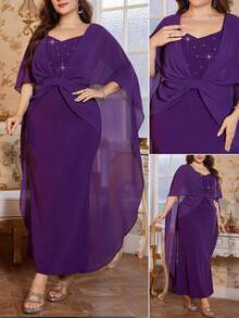 Reflora Plus Size Women Elegant Purple Dress,Formal Wedding Guest Party Dress,Sweetheart Neck Rhinestone & Faux Pearl Decor Bodycon Mermaid Hem,Autumn 2026 - Purple - View 3