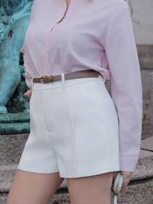 Elenary Edit Pantalones Cortos Tejidos Para Mujer Con Bolsillo Inclinado Y Costura Frontal - Beis - Ver 7