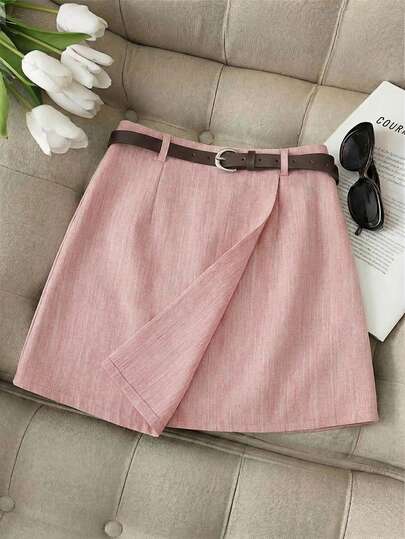 GlowEve Women's Pink Textured Fabric Waist Cinched A-Line Hem Front Overlay Design Elegant Classy Birthday Gift Date Party Formal Wear High Presence Outfit Conference Formal Occasion Teacher Student School Campus Carnival Labor Day Easter Back To School Party Spring Summer Autumn Elegant Skirt Spring Summer New Essential Fashion Niche Design Versatile Waist Cinched A-Line Hem Flattering Silhouette Skirt