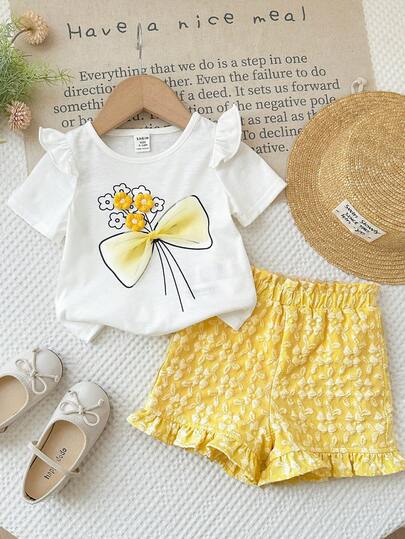 SHEIN 2pcs Baby Girl Floral Print Round Neck Ruffle Sleeve Top And Elastic Waist Shorts Set, Versatile, Casual Korean Style, Cute And Fun, Suitable For Leisure, Home, Travel And Vacation