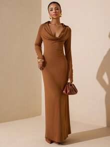 Vesra Women's Elegant Sexy Draped Neck Long Sleeve Fitted Dress - Brown - View 5