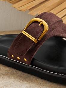 SHUZIA Women's Fashion Casual Comfy Adjustable Buckled Thone Flat Sandals - Chocolate Brown - View 6