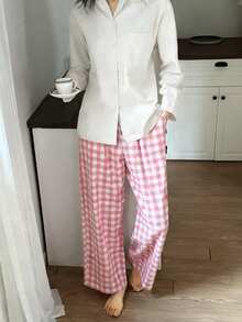 DAZY 纯色宽松上衣和格子睡裤女士睡衣套装 - 白色 - 查看 5