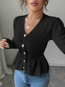 Elenzga Áo len cardigan dệt kim ôm sát cổ chữ V nhún bèo thanh lịch dành cho nữ, thích hợp cho kỳ nghỉ lễ và nghỉ dưỡng, mùa thu/đông - màu đen - Xem 4