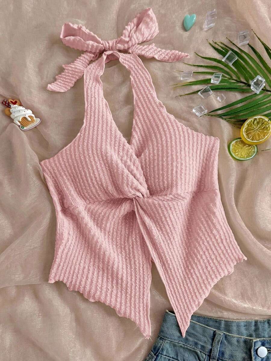 SHEIN 少女休闲简约舒适露背无袖不对称下摆吊带背心 - 粉色 - 查看 1