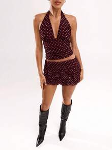 SHEIN BAE Áo tank top chấm bi ôm sát cổ chữ V, dây buộc cổ, hở lưng dành cho nữ, thời trang mùa hè. - Màu nâu  Mocha - Xem 4
