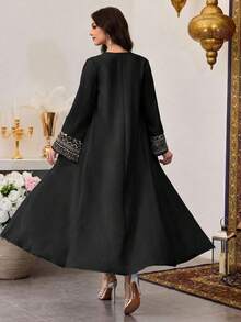 Al Najma Middle Eastern Arabic Style Light Blue Sequin Patchwork Jumpsuit Set With Jacket, Traditional Long Robe - Black - View 2