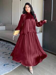 Dazy Plus Bộ đồ 2 mảnh thanh lịch dành cho nữ cỡ lớn mùa xuân/hè: Áo tay dài dáng rộng cổ buộc dây bằng vải chiffon và chân váy chữ A. - Màu Đỏ Sâu - Xem 4