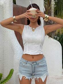 DAZY Áo tank top mùa hè dáng ôm, cổ tròn, không tay, hở lưng, thắt nơ, chất liệu jacquard có họa tiết dành cho nữ. - trắng - Xem 4