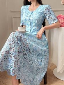 DAZY Women's Elegant Floral Lace Round Neck Pocket Shirt & Skirt 2 Pieces Set, Summer - Blue - View 8