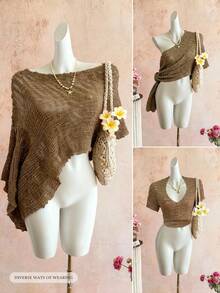 GlowEve 女士优雅纯色不对称下摆镂空针织罩衫，春夏款 - 棕色 - 查看 3