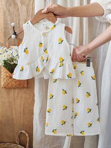 Vintaside Kids Baby Girls Lemon Print Chiffon Ruffle Hem Camisole + Print Pants 2-Piece Set, Suitable For Casual Wear, Outings And Vacations, Spring/Summer - White - View 4