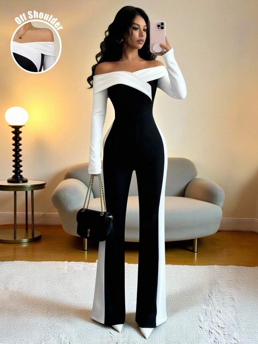 SHEIN PETITE Women's Off-Shoulder Color Block Fitted Jumpsuit With Flared Pants, Suitable For Dates And Outings - Black and White - View 1