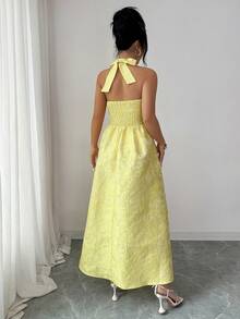 Elenzga Women's Elegant Jacquard Halter Tie Dress, Suitable For Summer Vacation - Yellow - View 2