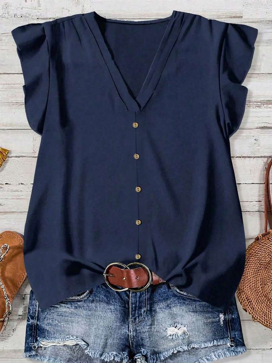 SHEIN Essnce بلوزة كاجوال للنساء بياقة على شكل حرف V وأكمام متدلية، مناسبة للصيف - أزرق بحري - مشاهدة 1