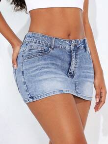 Flirla Jupe en jean mini élastique sexy et moulante de style cowgirl Y2K, printemps pour femmes grande taille - Jean clair - Voir 6
