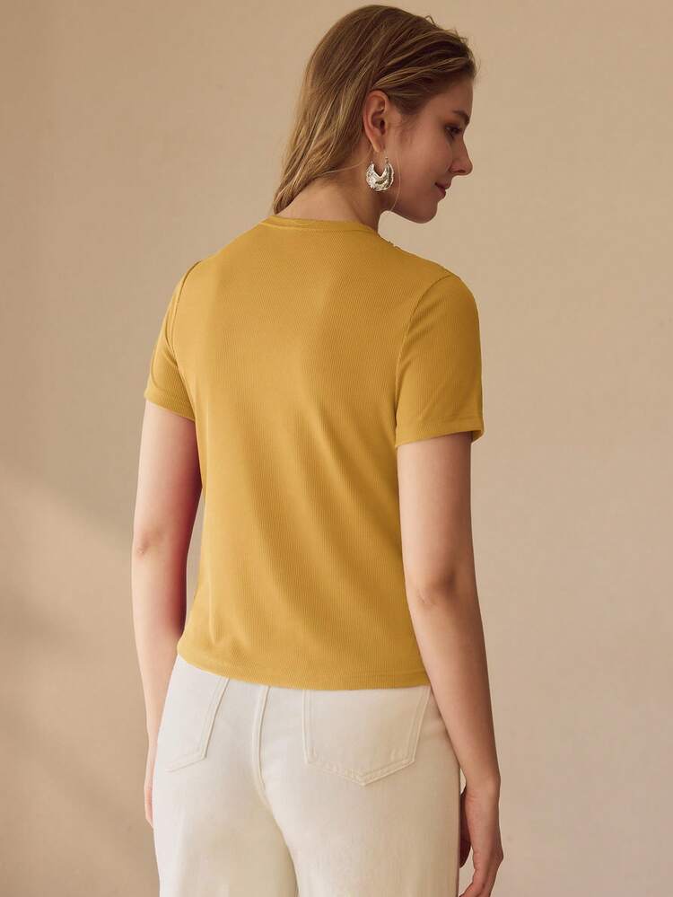 WOMEN'S CASUAL RIBBED KNIT TWIST FRONT SHORT SLEEVE FITTED T-SHIRT, SOLID COLOR, SUITABLE FOR DAILY COMMUTE, SUMMER