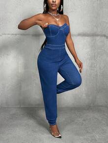 Slaydiva Plus Size Solid Color Fitted Tube Top Stylish Summer Versatile Denim Jumpsuit - Blue - View 5