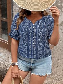 Ceyna 大码女式法式休闲优雅刺绣印花短袖衬衫，夏季波西米亚风短袖上衣，波西米亚衬衫，夏季休闲女式上衣，夏季女式衬衫，沙滩装，保守款女式衬衫，休闲现代夏季女式上衣，夏季女式衬衫 - 藏蓝色 - 查看 3