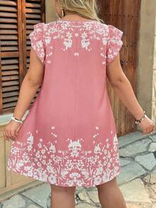 SHEIN VCAY Đầm cỡ lớn in hoa tay ngắn, kiểu dáng thường ngày, thích hợp cho kỳ nghỉ. - Hồng - Xem 2