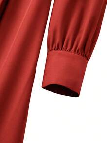 GlowEve CURVE Đầm chữ A dáng suông, cổ bẻ, tay phồng, cài cúc, xếp ly, eo, dành cho nữ, cỡ lớn, màu trơn, kiểu dáng thường ngày. - Gỗ đỏ - Xem 6