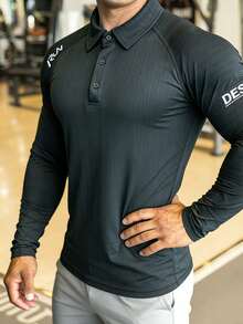 GymBeat Men's Breathable Casual Letter Print Long Sleeve Sports Polo Shirt - Multicolor - View 4