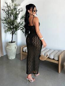 SHEIN SXY 女士性感纯色镂空紧身吊带裙 - 黑色 - 查看 2