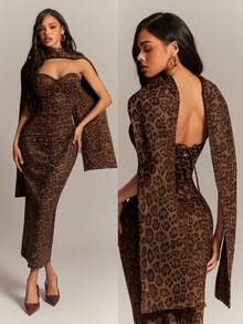 Radiana 女士复古性感优雅棕色麂皮豹纹连衣裙，带胸垫和围巾，长款连衣裙，春季连衣裙，情人节约会连衣裙，适合日常外出、购物、约会、聚会、鸡尾酒会、夜店、生日派对等场合。 - 彩色 - 查看 7