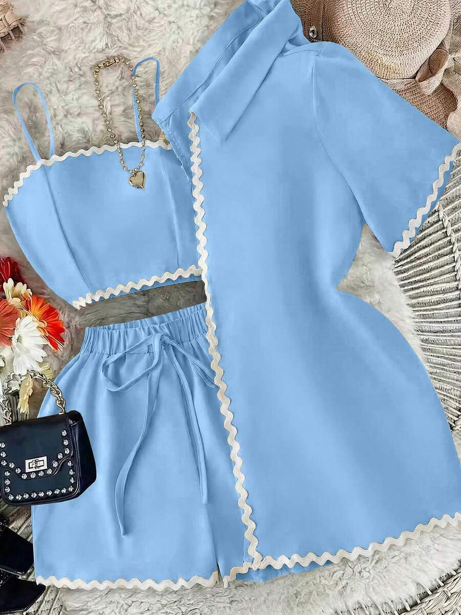 GlowEve Women's Contrast Trim Spaghetti Strap 3 PiecesCasual Set, Summer - Baby Blue - View 1