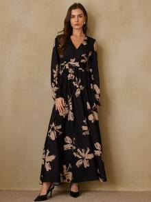 EMERY ROSE Elegant Women's Minimalist Contrast Color Print V-Neck Waist Flared Long Sleeve Dress - Multicolor - View 5
