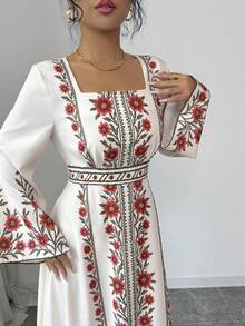Yasmyna Women's Vintage Square Neck Long Sleeve Waist Cinched Dress, Slimming, Spring/Autumn - Multicolor - View 6