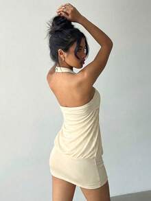 Aloruh 女士 Y2K 前卫性感紧身露背金属纽扣装饰亮片迷你超短连衣裙，杏色 - 杏色 - 查看 3