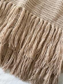 Soleia Shell Cup Tassel Hem Spaghetti Strap Fitted Mini Dress, Bohemian, Boho, Vacation, Suitable For Valentine's Day Date, Spring/Summer - Khaki - View 7