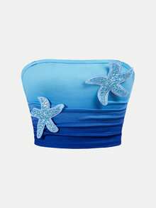 SHEIN Tween Girl Light Blue Mermaid Tie Dye Gradient Starfish Deco Tank Top And Mid Skirt 2pcs Set,Summer Holiday Vacation Outfit For Beach Music Festival - Blue - View 4