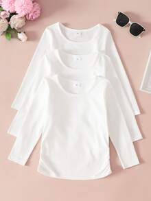 SHEIN 3件套女童经典休闲褶皱腰身纯色圆领长袖T恤，舒适时尚，适合旅行，色彩鲜艳，春秋季款 - 白色 - 查看 4