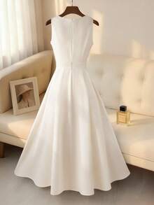Franclia White Woven Fabric Sleeveless Long A Line Dress With Pearl Embellished Round Neck Wedding Day Party Pool Party Summer Romantic Elegant - White - View 2