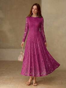 MOTF PREMIUM WOMEN'S LACE OVERLAY LONG SLEEVE FORMAL COCKTAIL DRESS - Hot Pink - View 3