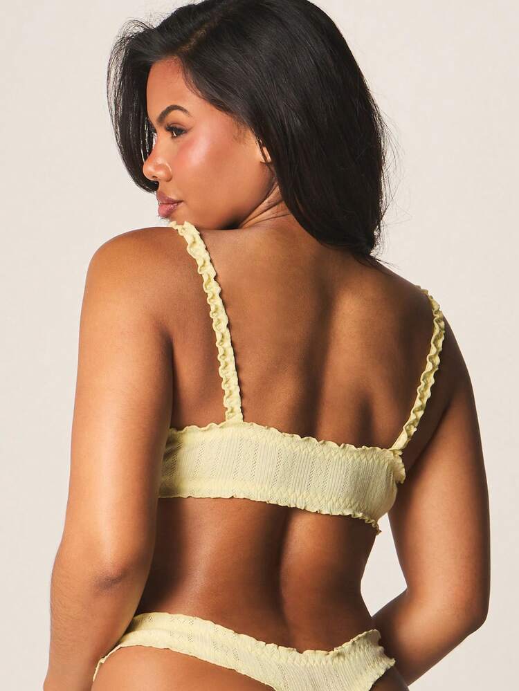 MISSGUIDED Pointelle Knit Frill Trim Bralette And Thong Set With Decorative Bow Detail Soft Cup Lingerie Underwear