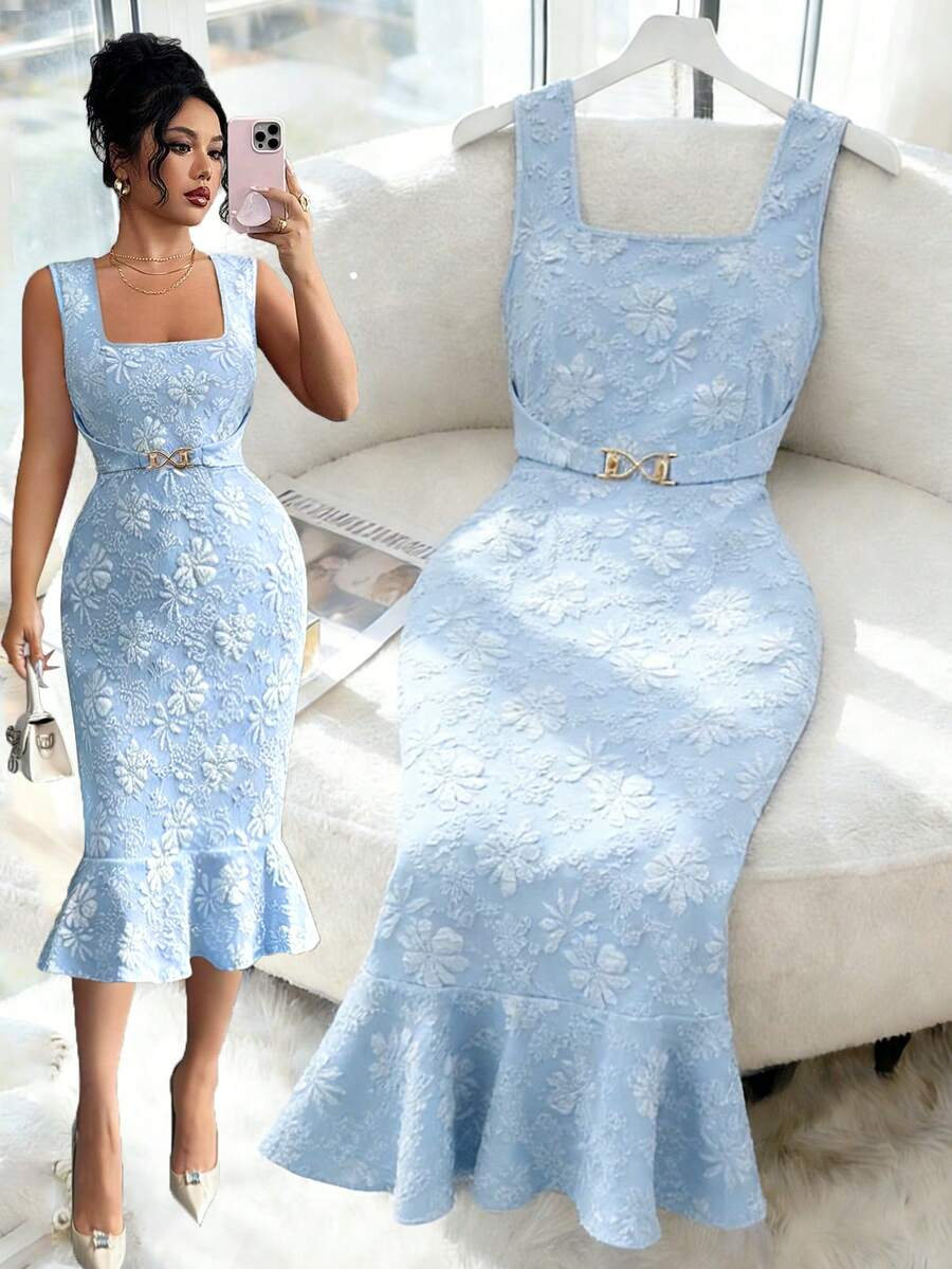 Elenzga Đầm thanh lịch kiểu Pháp màu xanh dương mùa xuân/hè mới, thiết kế vải hoa súng có họa tiết, cổ vuông, không tay, dây thắt eo bằng kim loại, dáng ôm sát, chân đầm xếp ly. - Màu xanh lam - Xem 1