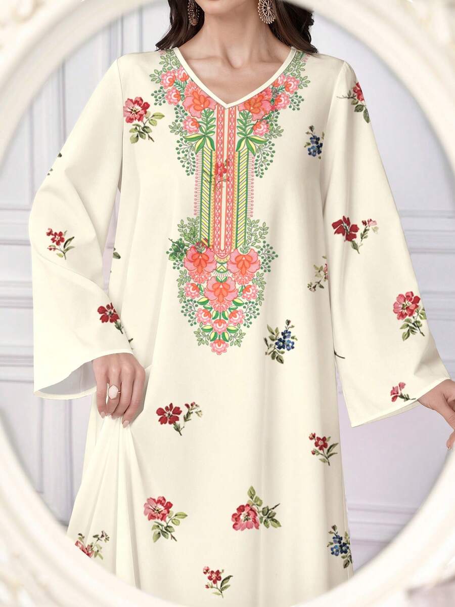 Al Najma 女士阿拉伯花卉印花 V 领长袖长裙款式,阿拉伯连衣裙 - 杏色 - 查看 1