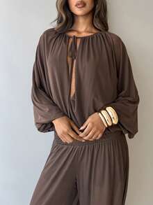 Aloruh Women's Elegant Sexy Fashionable High-End Romantic Date Beach Vacation Sheer Deep V Waist Tie Long Sleeve Mesh Lantern Jumpsuit, Spring/Summer - Brown - View 3