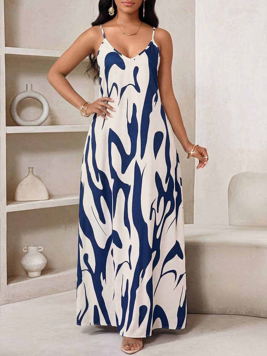 SHEIN Lady 女士全印花休闲度假约会长款吊带裙 - 藍白色 - 查看 1