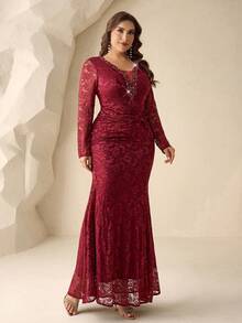 Coutiva Vestido de noche elegante y entallado con cuentas, talla grande - Burdeos - Ver 4