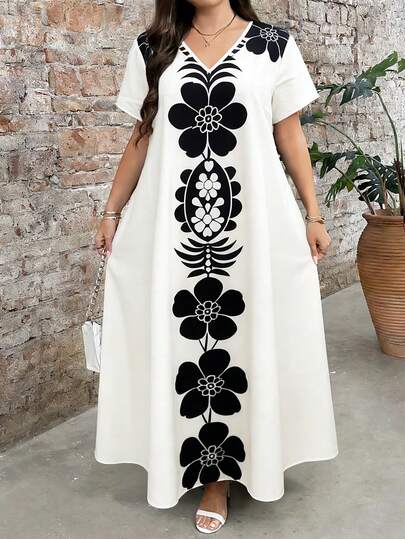 Breezaya Vestido de manga corta con cuello redondo y estampado para mujer de talla grande, elegante y adecuado para uso diario